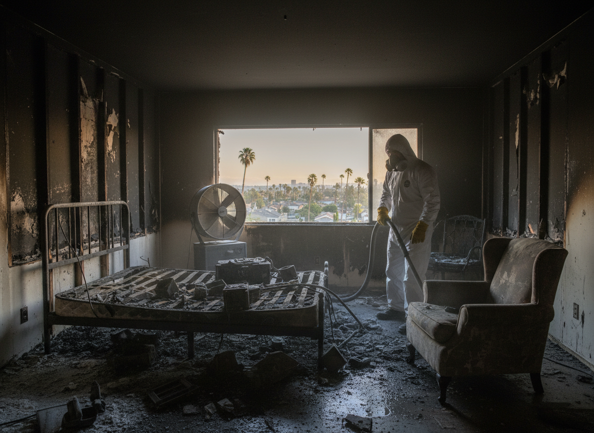 Bedroom fire damage cleanup in Panorama City